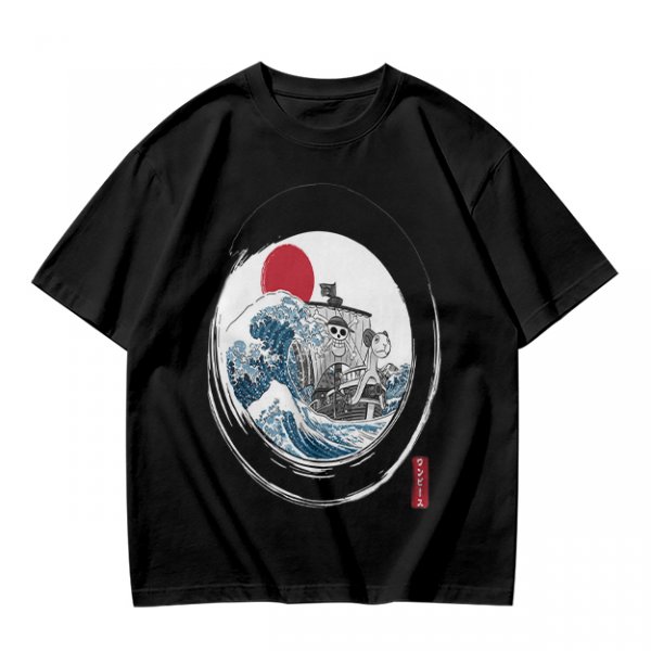 Olive T-shirt with Great Wave Enso Circle and Red Sun Print