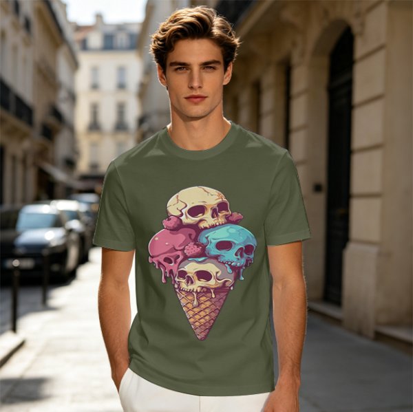 Olive T-Shirt With Skull Ice Cream Cone Graphic