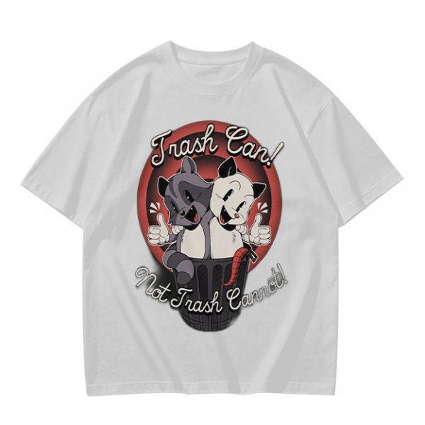 Olive t-shirt with retro cartoon raccoon and dog trash can print