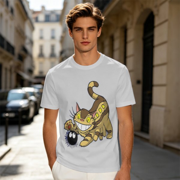 Olive T-shirt with Catbus and Soot Sprite Anime Print