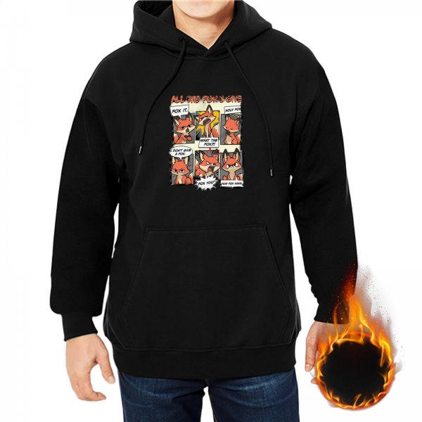 Black hoodie with comic style fox graphic print