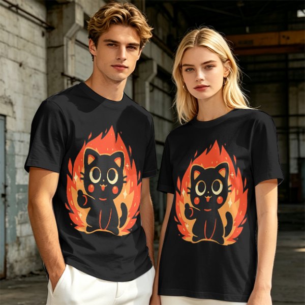 Olive T-Shirt With Cute Black Cat Thumbs Up On Flames Graphic