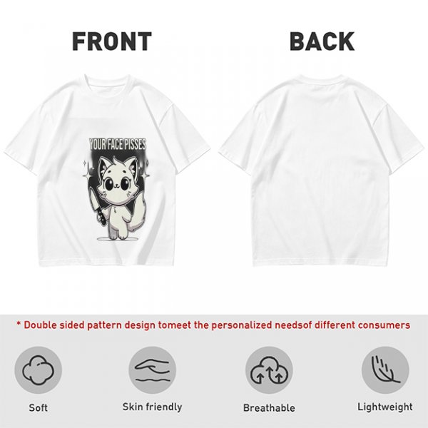 Olive graphic t-shirt with angry cartoon cat holding knife