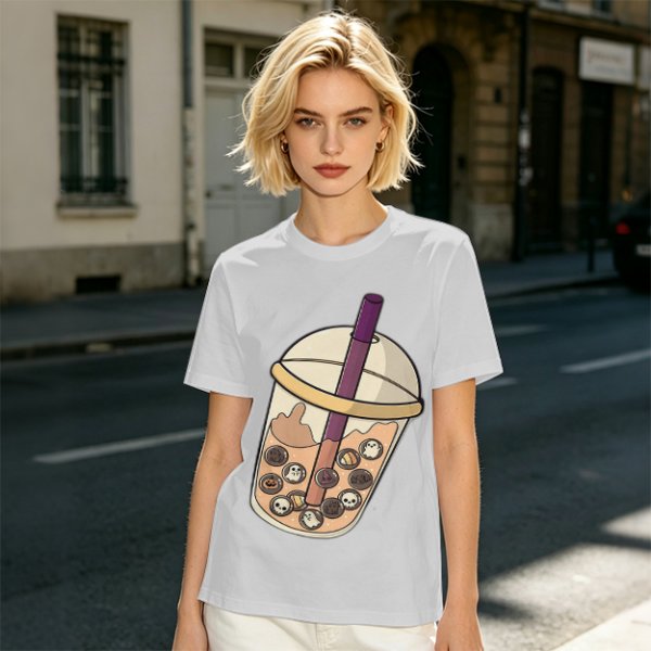 Olive T-Shirt With Halloween Themed Boba Tea Graphic