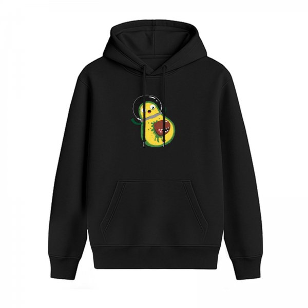 Black hoodie with a cartoon avocado astronaut graphic