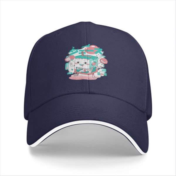 Black Baseball Cap with Cute Cartoon Juice Box Character Print