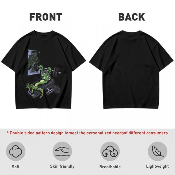 Olive T-shirt with cartoon lizard bench pressing weights in gym mirror