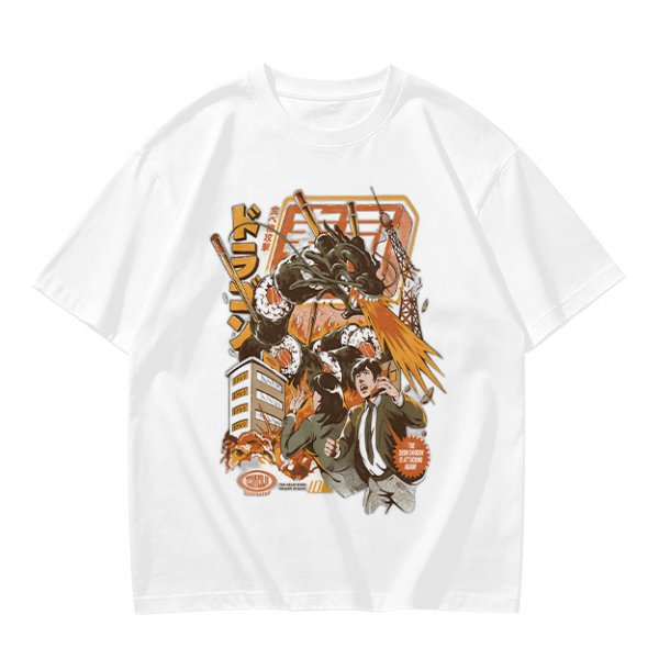 Olive green anime graphic t-shirt with monster and city scene