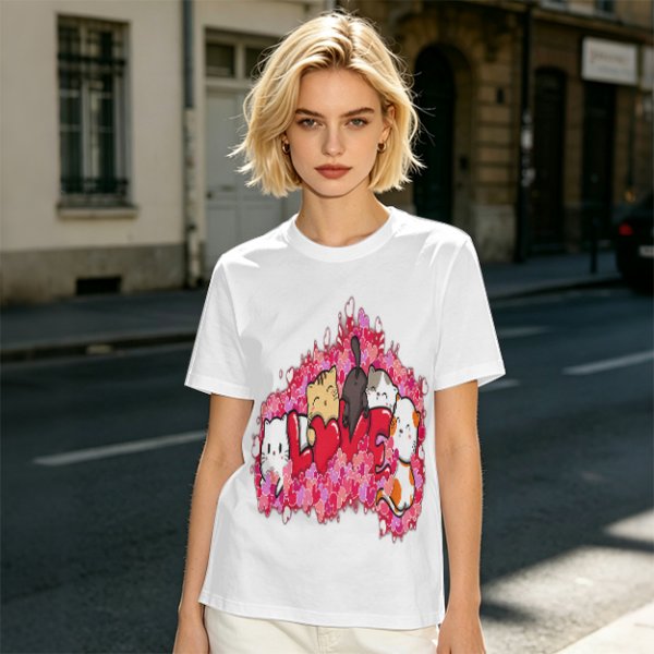 Olive green t-shirt with cute cats and love hearts graphic