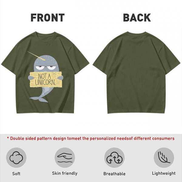 Olive T-Shirt With Grumpy Narwhal Holding Not A Unicorn Sign