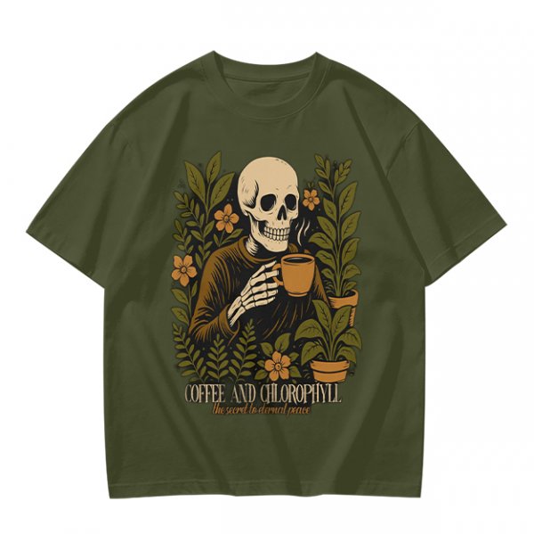 Skeleton with Coffee and Plants T-Shirt Graphic