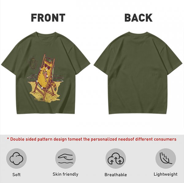 Olive T-Shirt With Cool Cat Lounging On Beach Chair Holding Drink