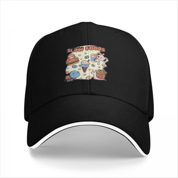 Black baseball cap with cute slow foods themed cartoon print