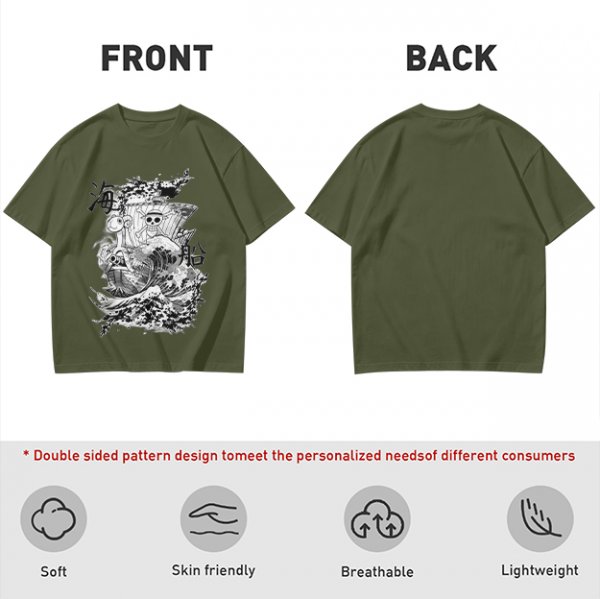 Olive T-shirt with One Piece Going Merry Ship Ink Art Print