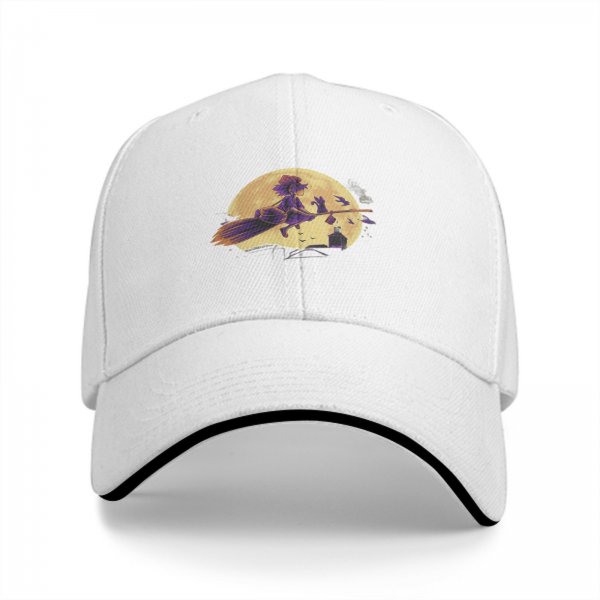Black Baseball Cap With Witch Riding Broom Full Moon Halloween Art