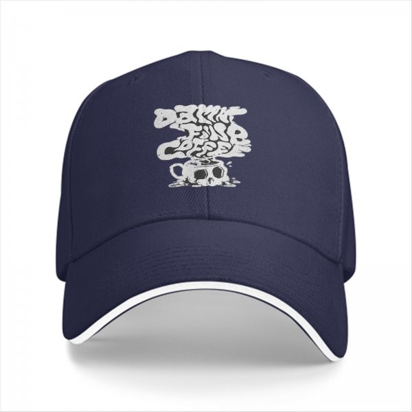 Black baseball cap with drink fine coffee skull cup graphic