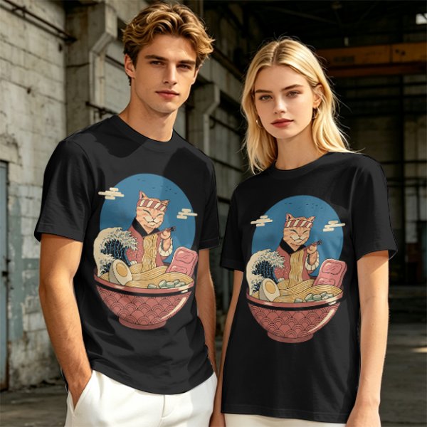 Cat Chef Eating Ramen in Great Wave Bowl T-Shirt