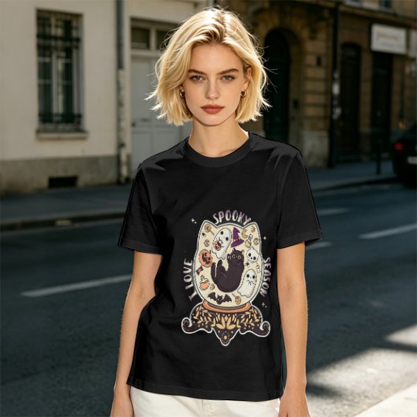 I Love Spooky Season Halloween Cat Ghost Graphic T-Shirt