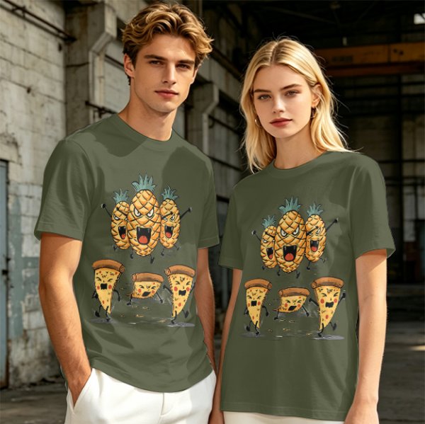 Olive T-Shirt With Angry Pineapple And Pizza Slice Cartoon Print