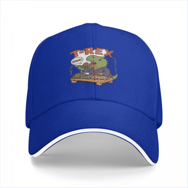 Black baseball cap with T-Rex sushi chef graphic and RAWR text