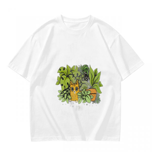 Olive T-Shirt With Playful Cat And House Plants Graphic
