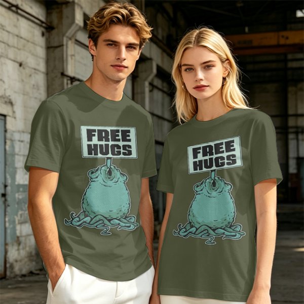 Olive T-Shirt With Free Hugs Monster Graphic Print