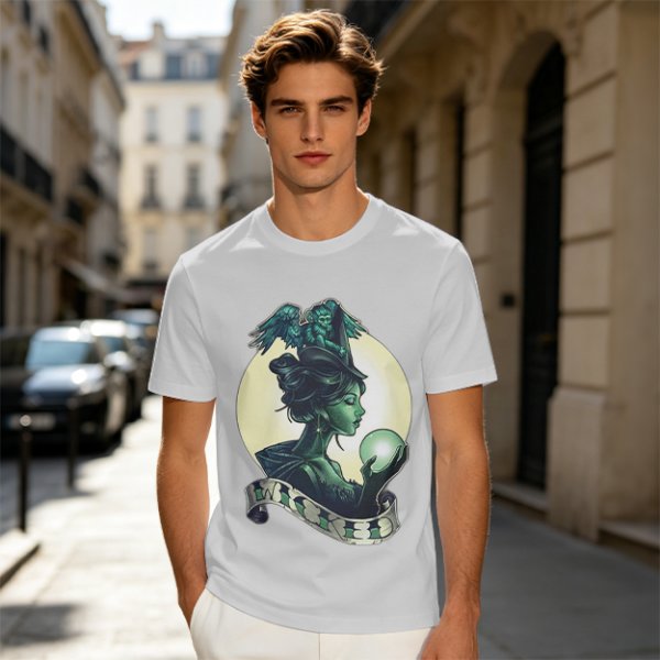 Olive Witch Graphic T-Shirt With Winged Monkey And Crystal Ball