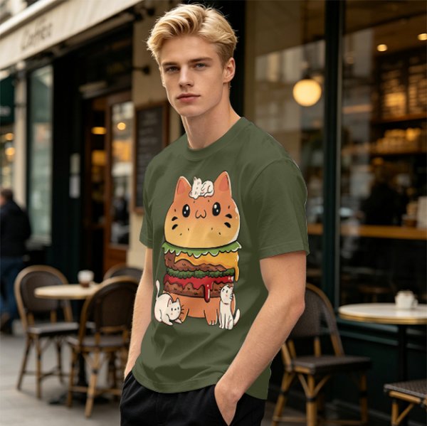Olive T-Shirt With Cute Cat Burger And Kittens Print