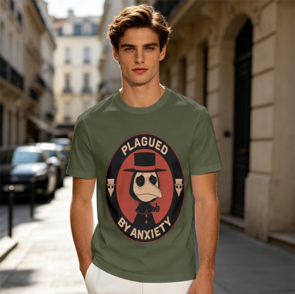 Olive T-Shirt With Plagued By Anxiety Plague Doctor Graphic