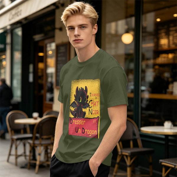 Olive t-shirt featuring Toothless dragon and Chat Noir themed text