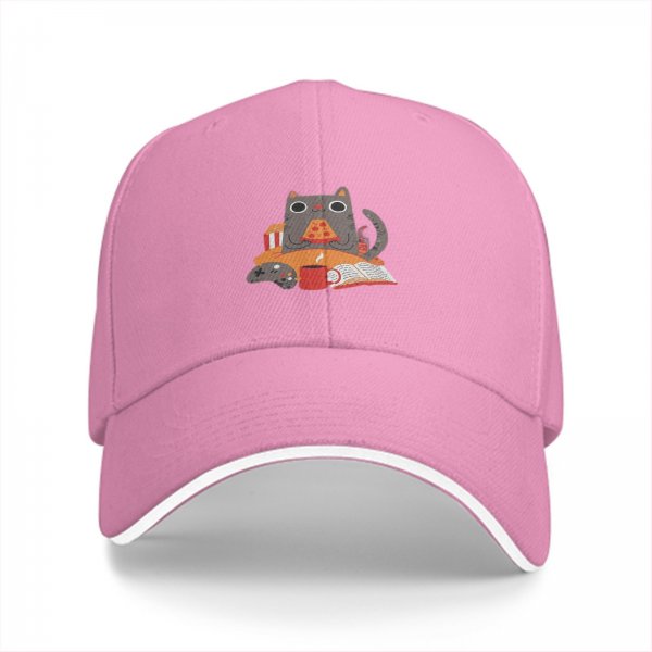 Black baseball cap with a cozy cat pizza snack and game design