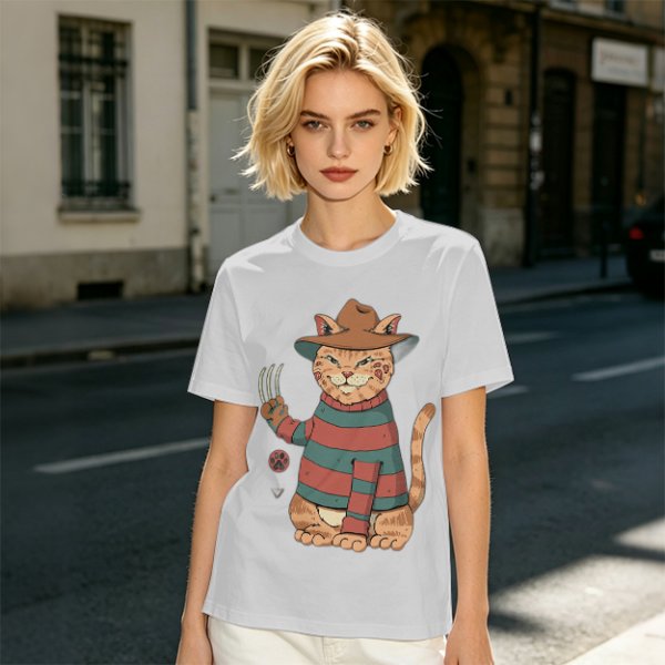 Olive T-Shirt With Freddy Krueger Themed Cat Graphic