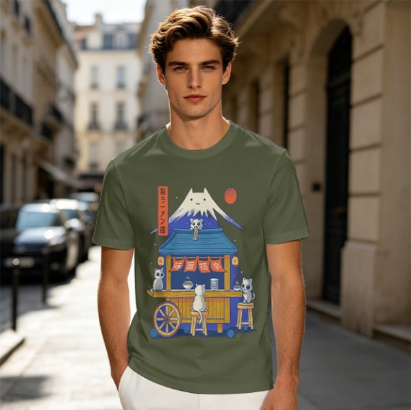 Olive t-shirt with cat ramen stall and Mount Fuji graphic