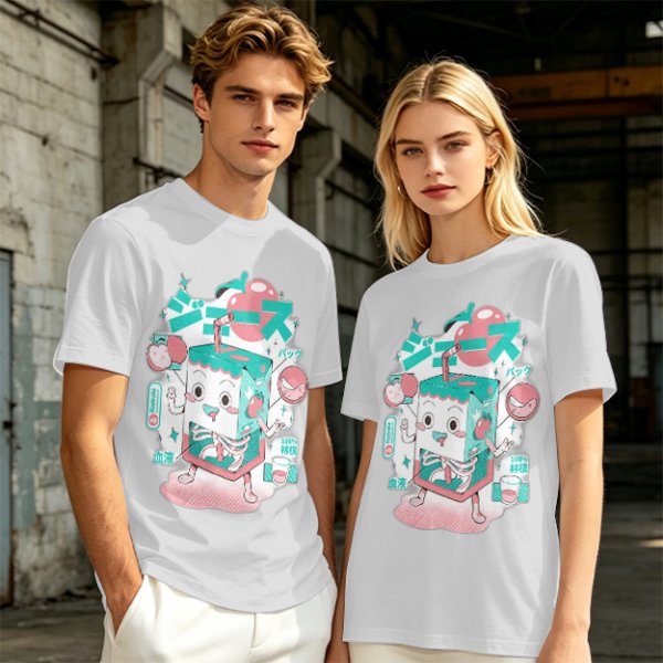 Olive t-shirt with a cartoon apple juice box skeleton graphic