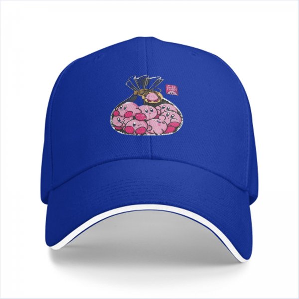 Black baseball cap with a bag of cute pink Kirby characters print