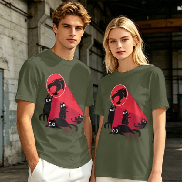 Olive T-Shirt With Black Cats And Red Panther Signal Graphic