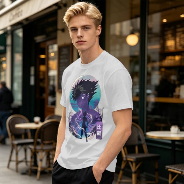 Anime character silhouette graphic tee with stylized purple and blue art