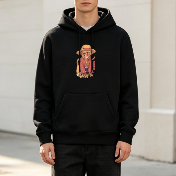 Black hoodie with a stylized monkey wearing a straw hat and red coat graphic