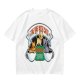 Olive green t-shirt with cat coffee cup graphic and playful text design