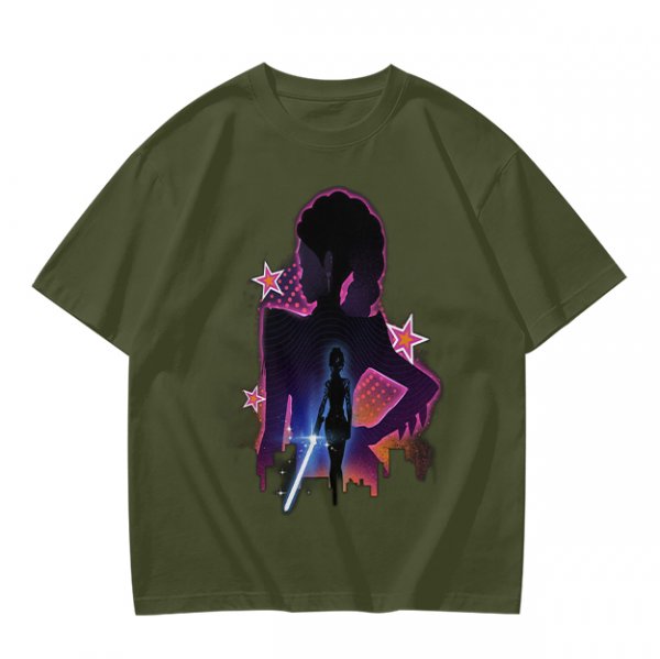 Olive t-shirt with neon star wars style female silhouette print