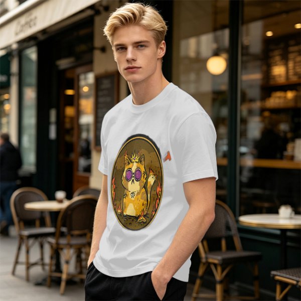 Olive T-Shirt With Flaming Royal Cat Portrait Print