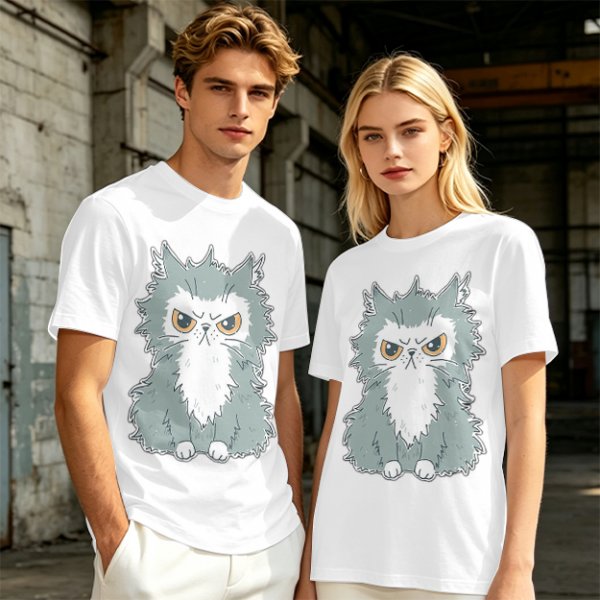 Olive T-shirt with Grumpy Fluffy Gray Cat Graphic Print