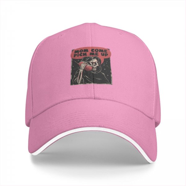 Black baseball cap with 'Mom Come Pick Me Up' skeleton graphic