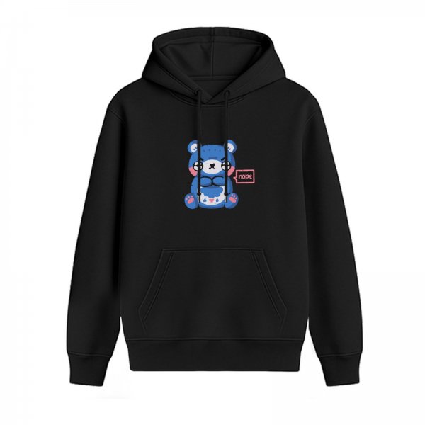 Black hoodie with grumpy blue bear graphic that says nope