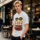 Olive t-shirt with pandas debating life beyond eating and sleeping