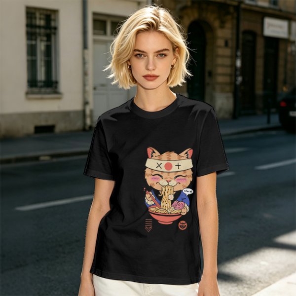 Olive green t-shirt with a cute cat eating ramen graphic