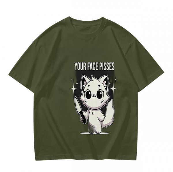 Olive graphic t-shirt with angry cartoon cat holding knife