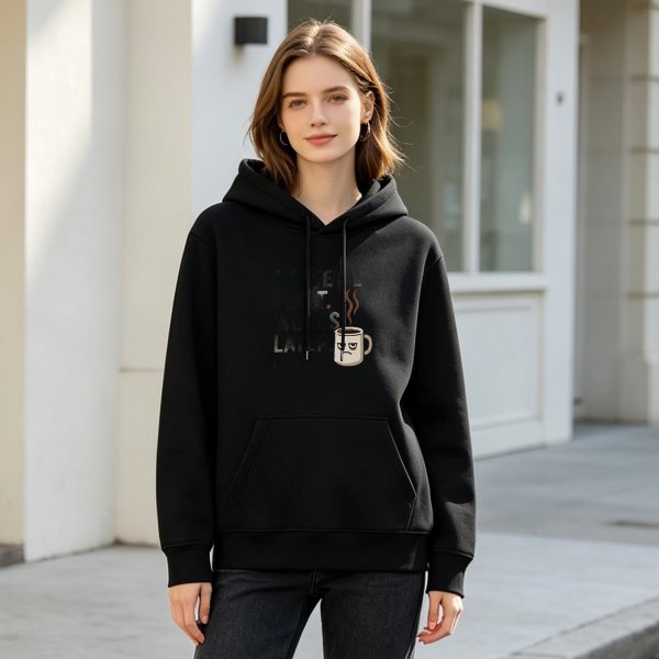 Black graphic hoodie with grumpy coffee mug print