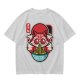 Olive t-shirt with cute kitsune fox eating ramen graphic