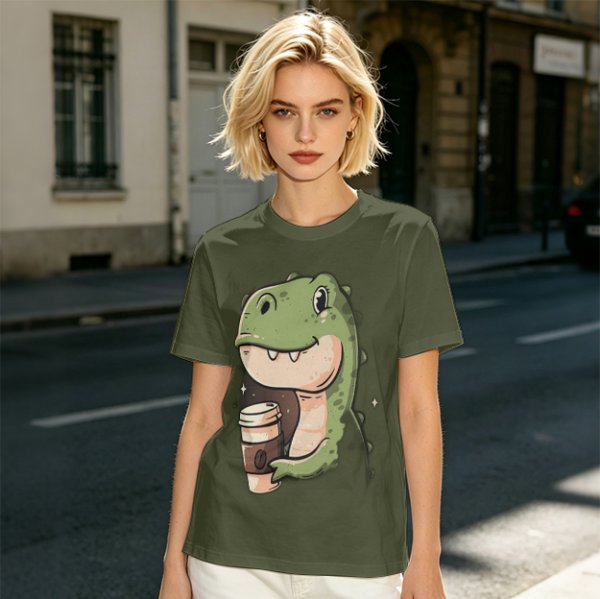 Olive T-shirt with Cute Dinosaur Holding Coffee Print